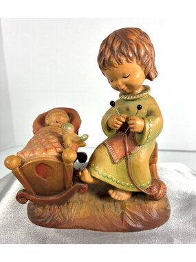 Vintage ANRI Italy Ferrandiz Wood Carving Girl & Baby Cradle Figurine